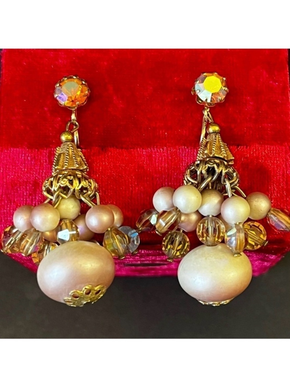 Vintage 1960s Iridescent Chandelier Earrings Rose Gold Aurora Crystal Bead Drop